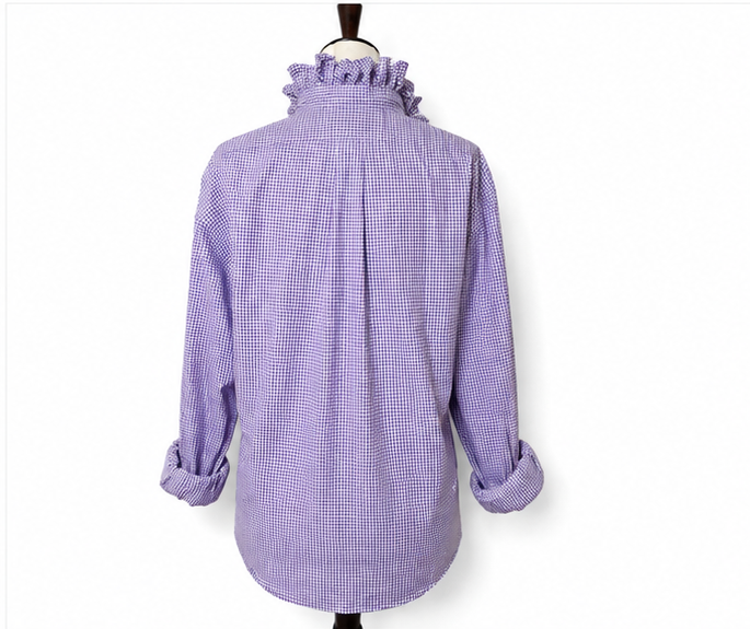 Upcycled Ralph Lauren Purple Gingham Ruffle Collar Shirt | Preppy Women’s Button Down