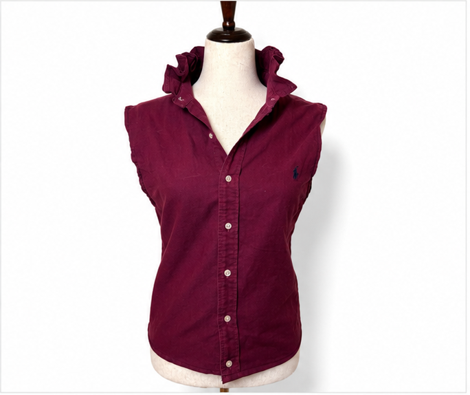 Upcycled Ralph Lauren Burgundy Ruffle Collar Sleeveless Shirt | Preppy Women’s Button Down Top | Wine Maroon Blouse