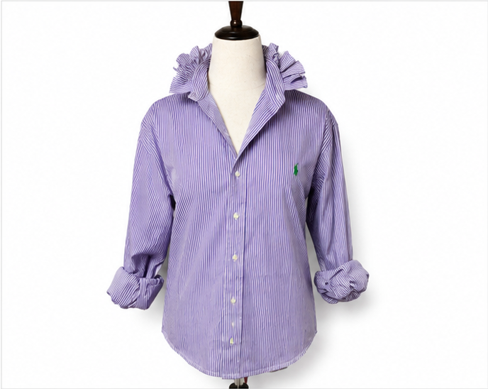 Upcycled Ralph Lauren Purple Stripe Ruffle Collar Button Down Shirt | Preppy Women’s Top