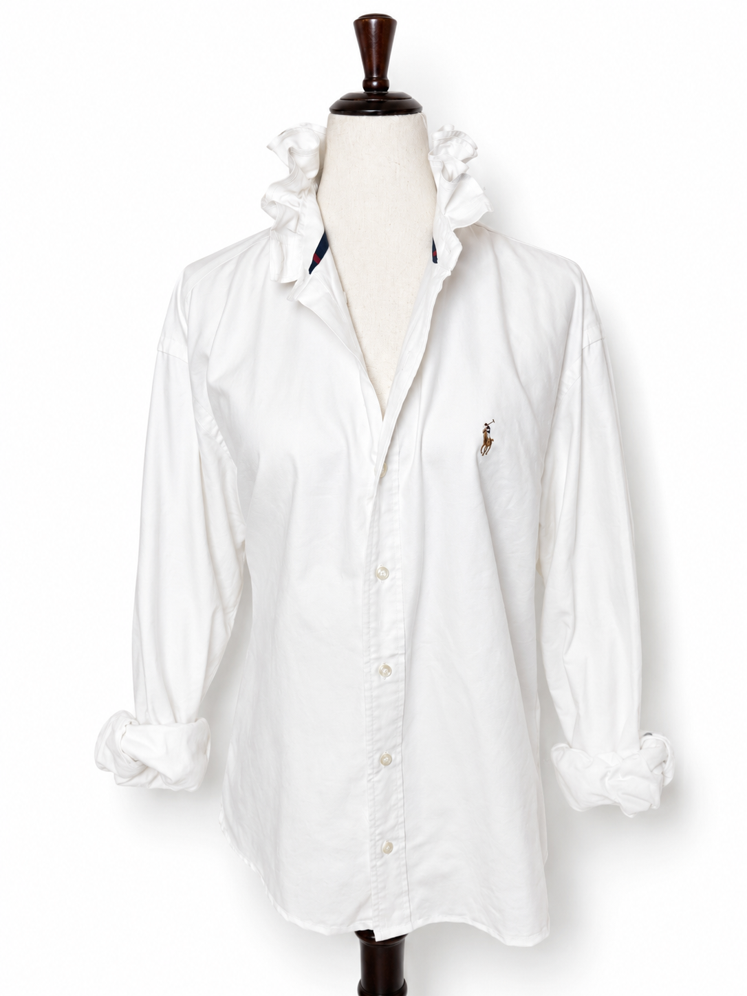 Upcycled Ralph Lauren White Ruffle Collar Shirt | Preppy Women’s Button Down
