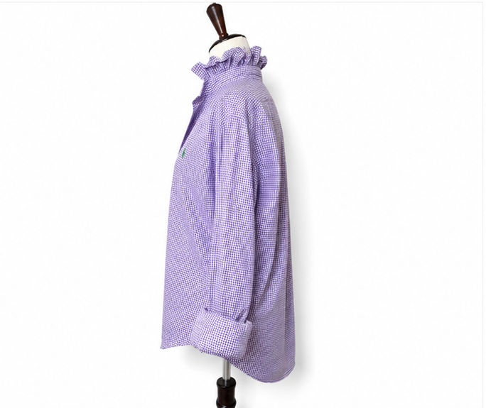 Upcycled Ralph Lauren Purple Gingham Ruffle Collar Shirt | Preppy Women’s Button Down