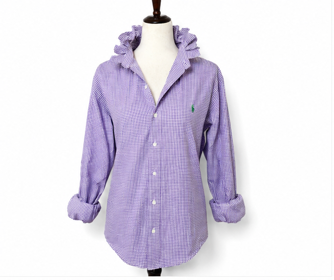 Upcycled Ralph Lauren Purple Gingham Ruffle Collar Shirt | Preppy Women’s Button Down