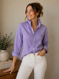 Upcycled Ralph Lauren Purple Gingham Ruffle Collar Shirt | Preppy Women’s Button Down