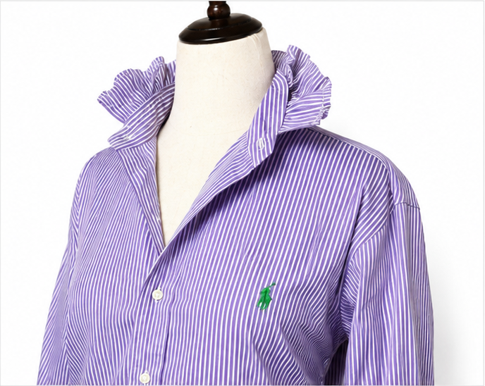 Upcycled Ralph Lauren Purple Stripe Ruffle Collar Button Down Shirt | Preppy Women’s Top