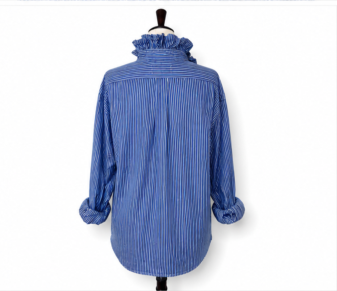 Upcycled Ralph Lauren Blue Stripe Ruffle Collar Shirt | Preppy Button Down | Coastal Grandmother Blouse