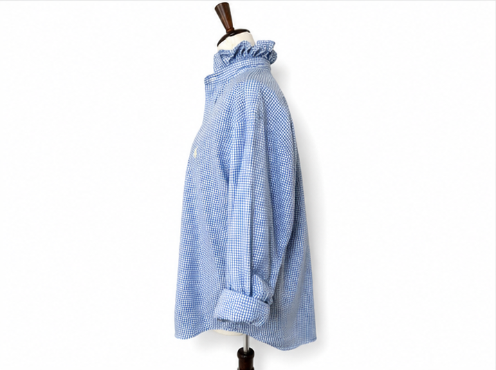 Upcycled Ralph Lauren Blue Gingham Ruffle Collar Shirt | Preppy Women’s Button Down | Cottagecore Coastal Top