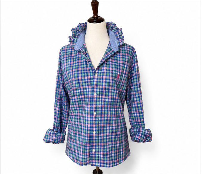 Upcycled Ralph Lauren Plaid Ruffle Collar Shirt | Preppy Button Down | Cottagecore Top | One of a Kind