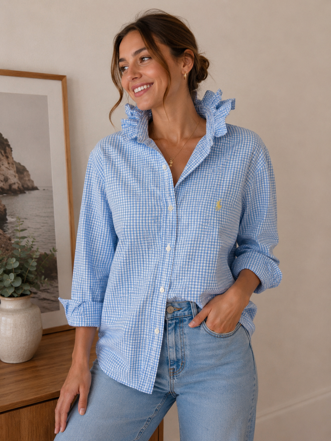 Upcycled Ralph Lauren Blue Gingham Ruffle Collar Shirt | Preppy Women’s Button Down | Cottagecore Coastal Top