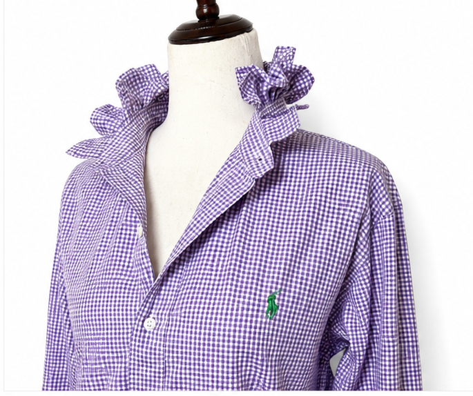 Upcycled Ralph Lauren Purple Gingham Ruffle Collar Shirt | Preppy Women’s Button Down