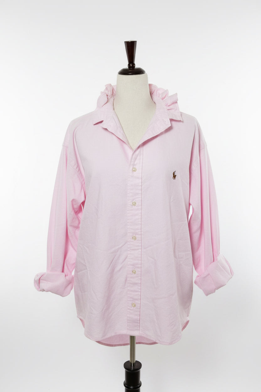 Pink Ralph Lauren Ruffle Collar Shirt | Upcycled Preppy Button Down | Women’s Pink Oxford Top