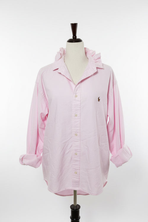 Pink Ralph Lauren Ruffle Collar Shirt | Upcycled Preppy Button Down | Women’s Pink Oxford Top