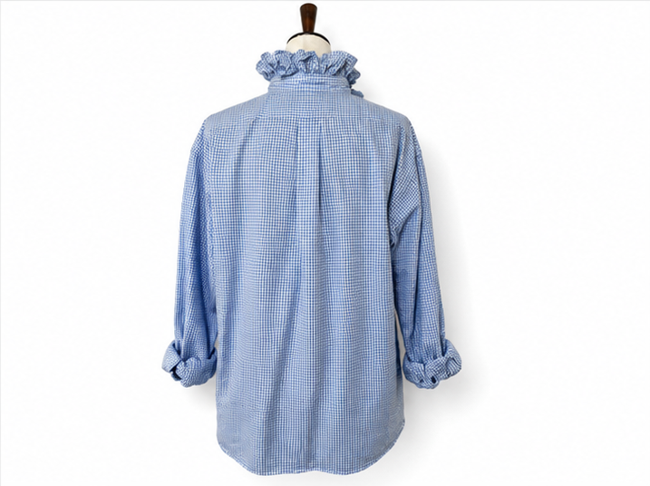 Upcycled Ralph Lauren Blue Gingham Ruffle Collar Shirt | Preppy Women’s Button Down | Cottagecore Coastal Top
