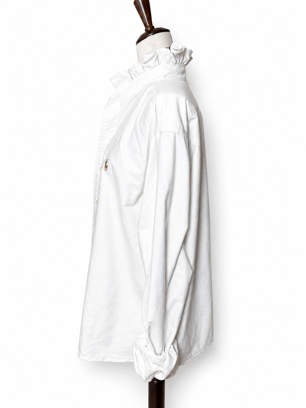 Upcycled Ralph Lauren White Ruffle Collar Shirt | Preppy Women’s Button Down