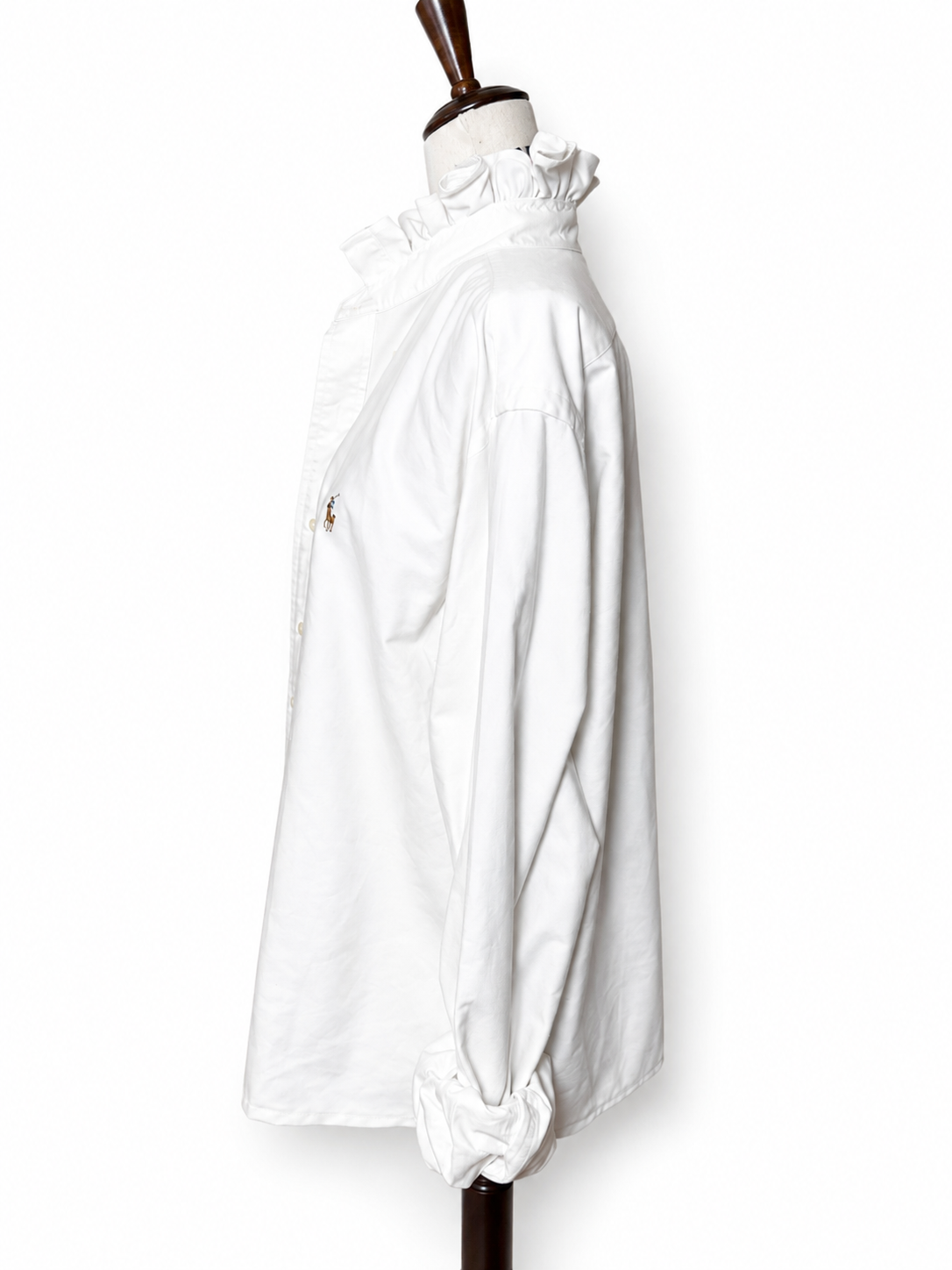 Upcycled Ralph Lauren White Ruffle Collar Shirt | Preppy Women’s Button Down