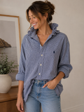 Upcycled Ralph Lauren Blue Gingham Ruffle Collar Shirt | Preppy Women’s Button Down