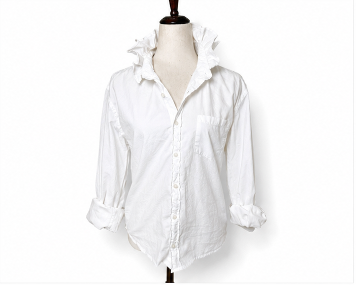 Upcycled White Ruffle Collar Button Down Shirt | Preppy Oversized Blouse | Coastal Grandmother Top