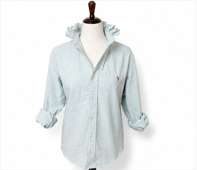Upcycled Ralph Lauren Green Stripe Ruffle Collar Shirt | Preppy Button Down | Coastal Grandmother Top