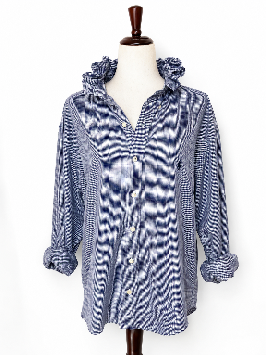 Upcycled Ralph Lauren Blue Gingham Ruffle Collar Shirt | Preppy Women’s Button Down