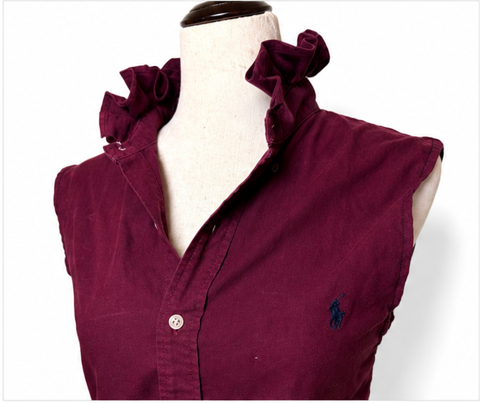 Upcycled Ralph Lauren Burgundy Ruffle Collar Sleeveless Shirt | Preppy Women’s Button Down Top | Wine Maroon Blouse
