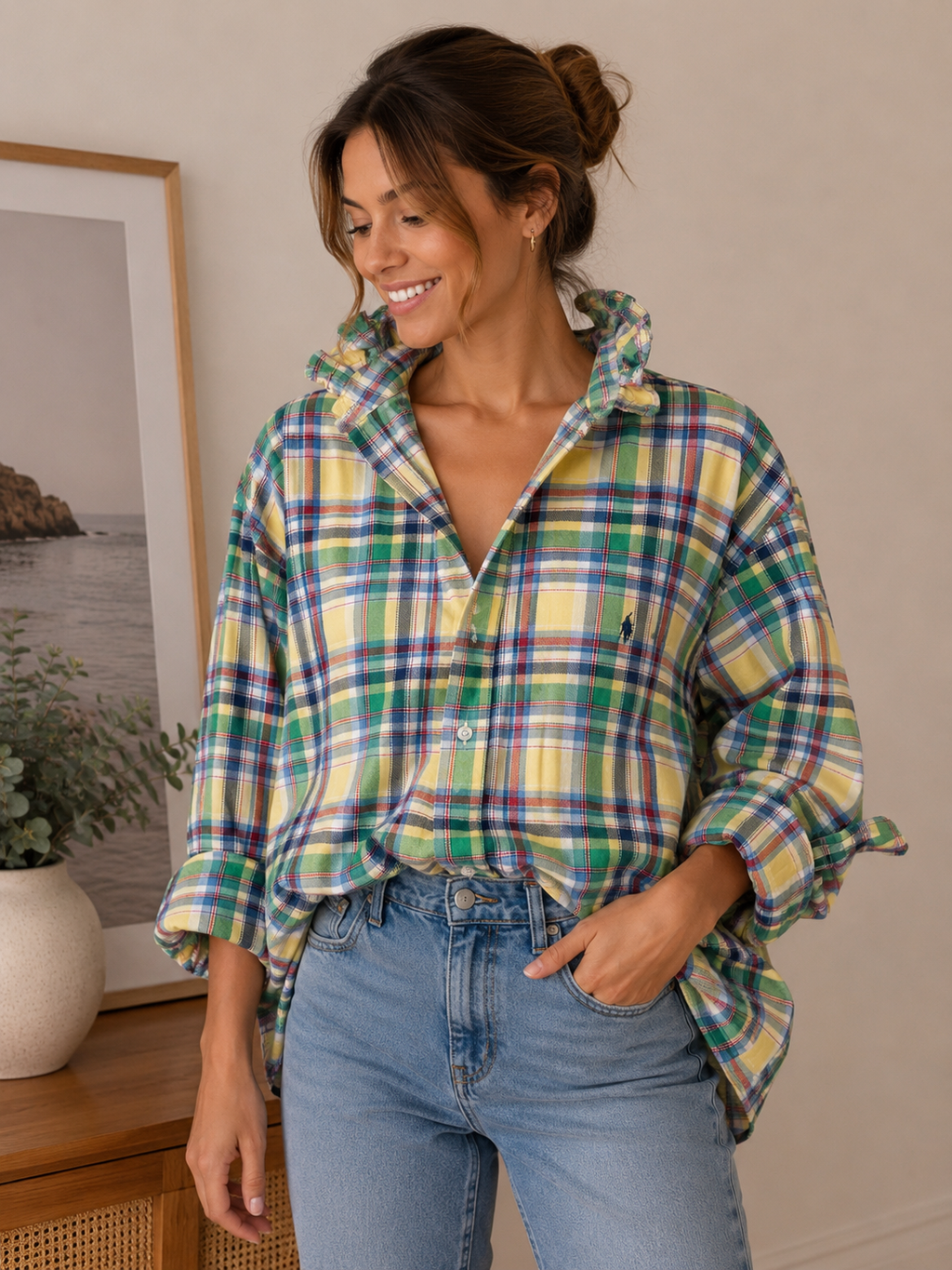 Colorful Plaid Ruffle Collar Ralph Lauren Shirt | Upcycled Preppy Button Down | Women’s Madras Top