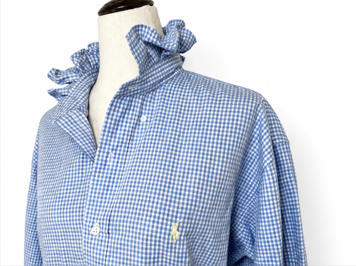 Upcycled Ralph Lauren Blue Gingham Ruffle Collar Shirt | Preppy Women’s Button Down | Cottagecore Coastal Top