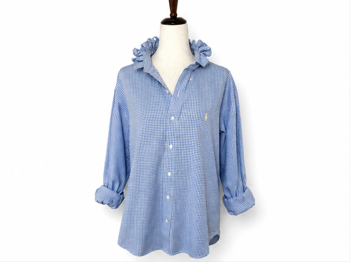 Upcycled Ralph Lauren Blue Gingham Ruffle Collar Shirt | Preppy Women’s Button Down | Cottagecore Coastal Top