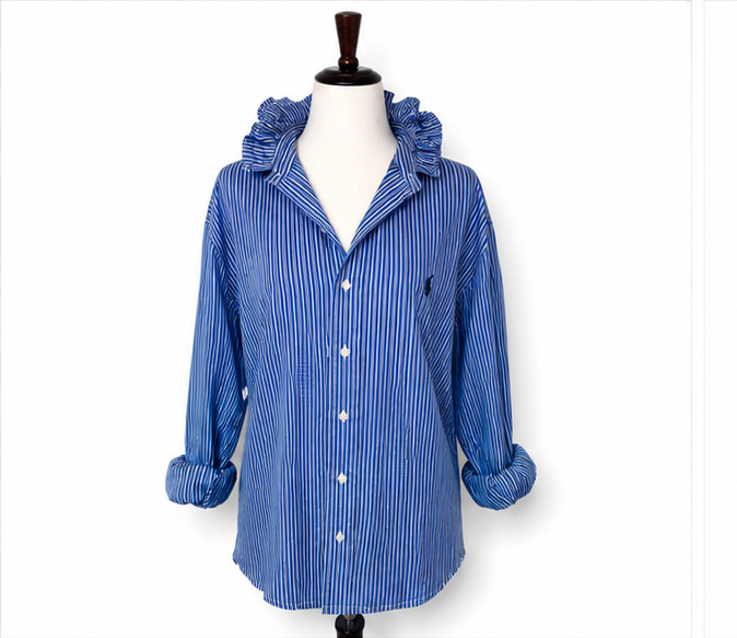 Upcycled Ralph Lauren Blue Stripe Ruffle Collar Shirt | Preppy Button Down | Coastal Grandmother Blouse