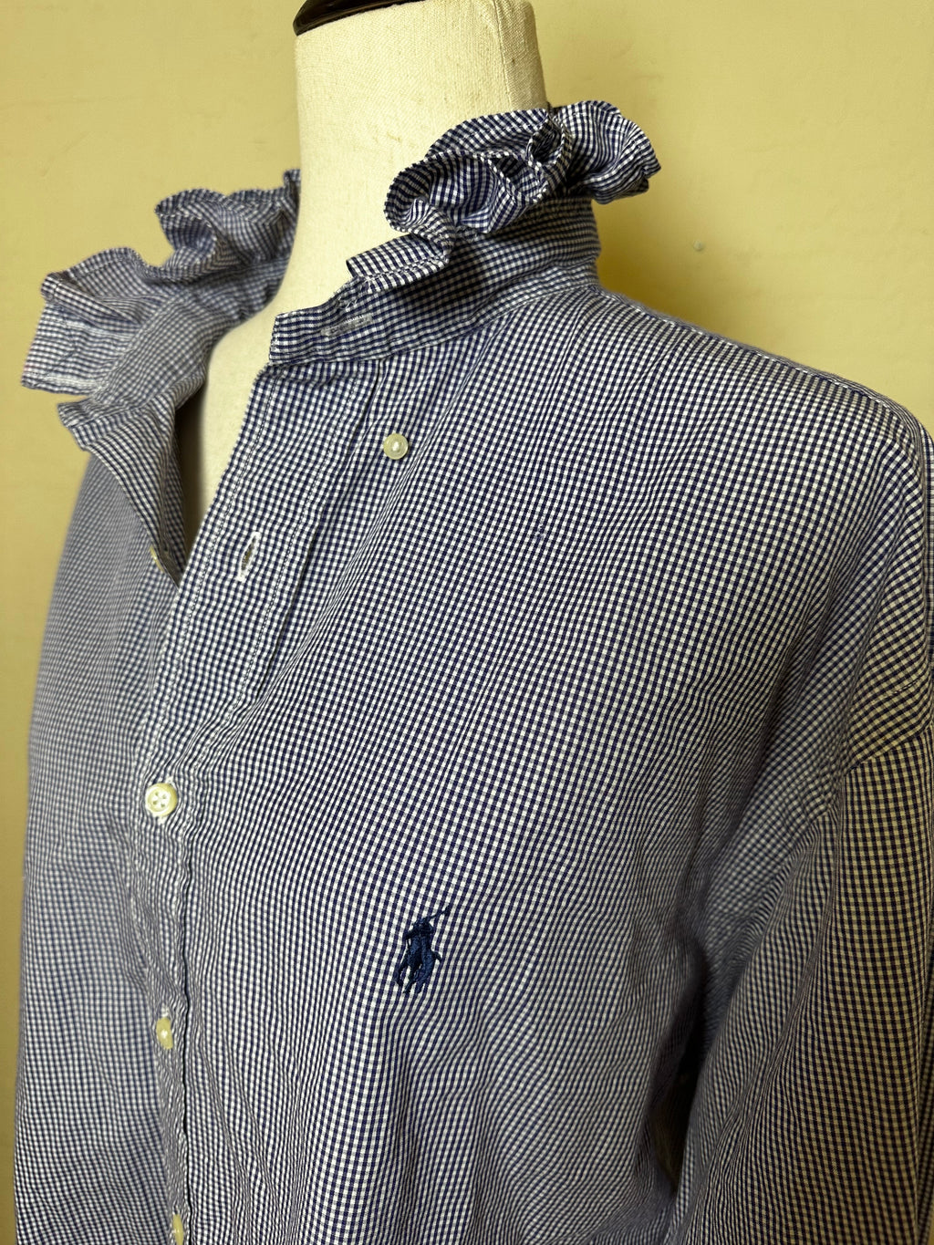 Upcycled Ralph Lauren Blue Gingham Ruffle Collar Shirt | Preppy Women’s Button Down