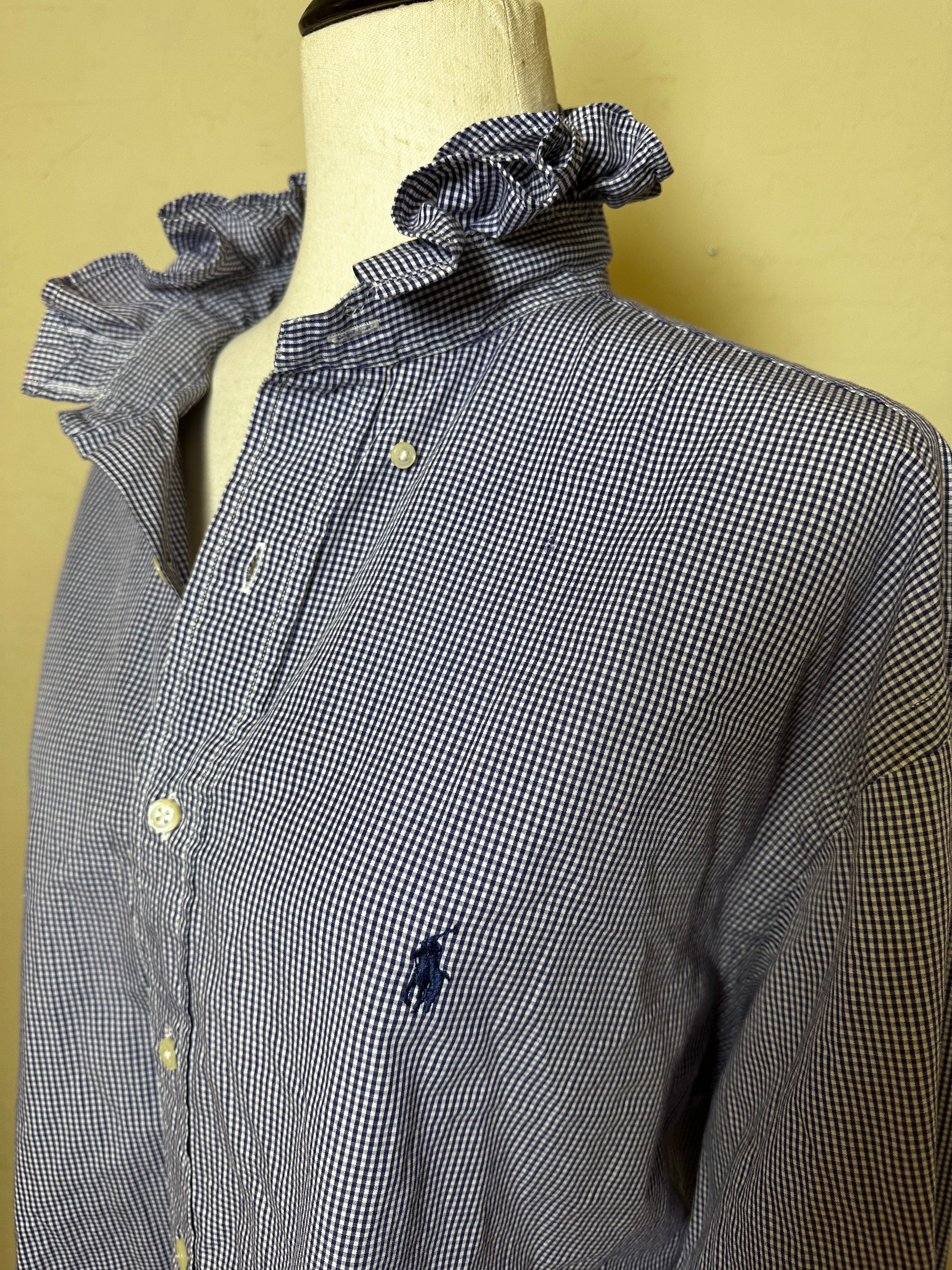 Upcycled Ralph Lauren Blue Gingham Ruffle Collar Shirt | Preppy Women’s Button Down