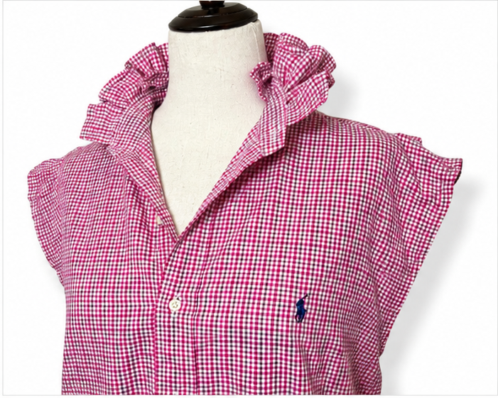 Upcycled Ralph Lauren Pink Gingham Ruffle Collar Top | Preppy Sleeveless Button Down Shirt | Women’s OOAK Blouse