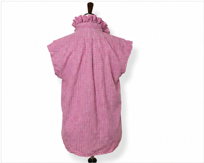 Upcycled Ralph Lauren Pink Gingham Ruffle Collar Top | Preppy Sleeveless Button Down Shirt | Women’s OOAK Blouse