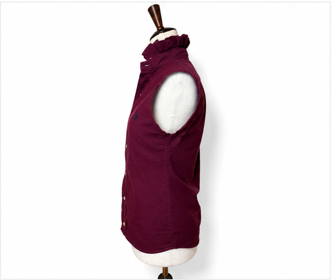 Upcycled Ralph Lauren Burgundy Ruffle Collar Sleeveless Shirt | Preppy Women’s Button Down Top | Wine Maroon Blouse