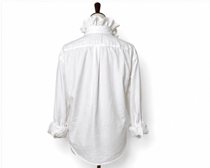 Upcycled White Ruffle Collar Button Down Shirt | Preppy Oversized Blouse | Coastal Grandmother Top