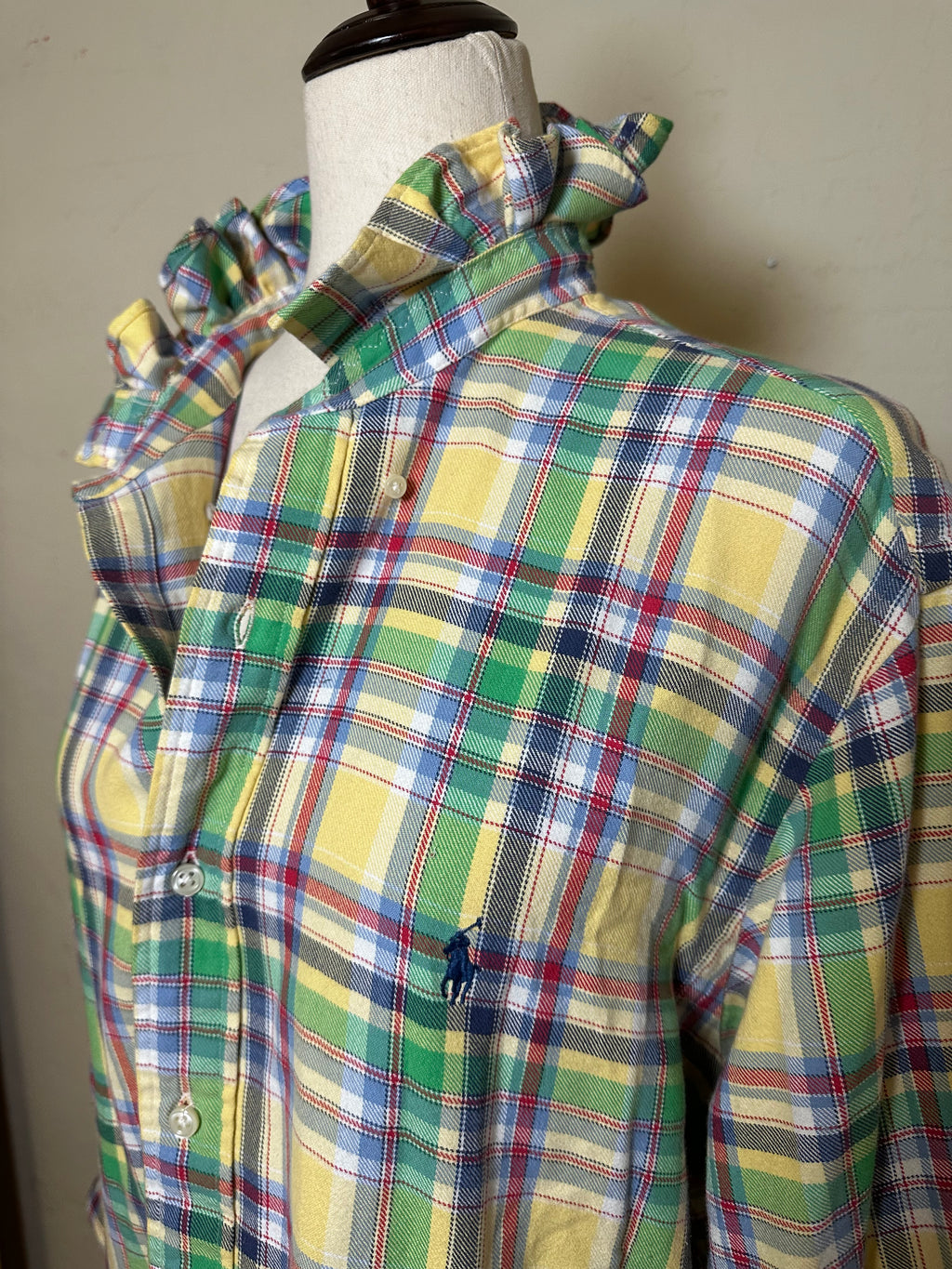 Colorful Plaid Ruffle Collar Ralph Lauren Shirt | Upcycled Preppy Button Down | Women’s Madras Top