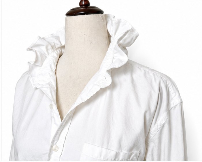 Upcycled White Ruffle Collar Button Down Shirt | Preppy Oversized Blouse | Coastal Grandmother Top