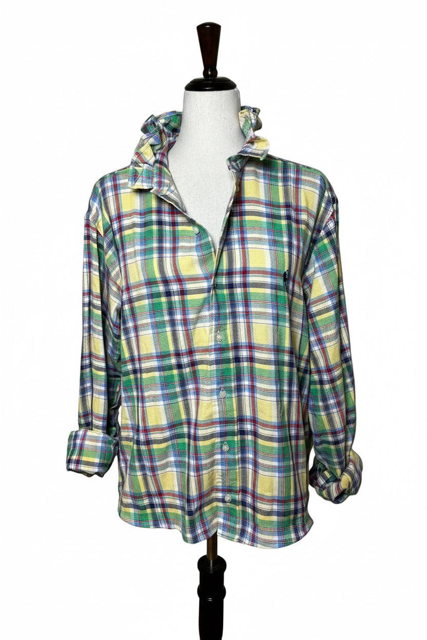 Colorful Plaid Ruffle Collar Ralph Lauren Shirt | Upcycled Preppy Button Down | Women’s Madras Top