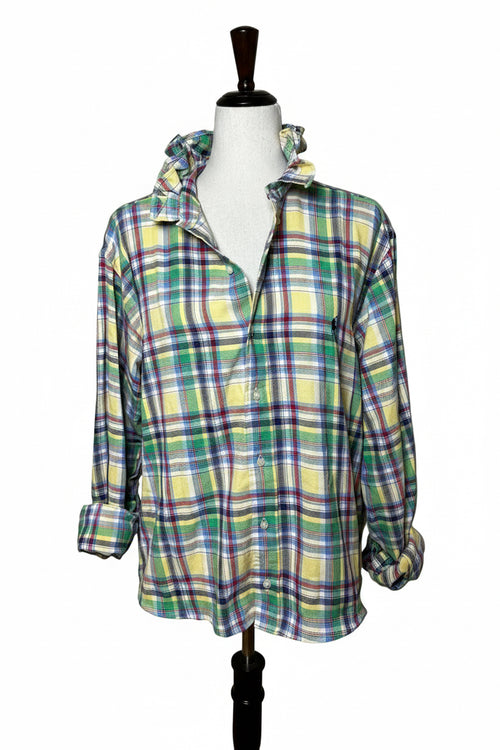 Colorful Plaid Ruffle Collar Ralph Lauren Shirt | Upcycled Preppy Button Down | Women’s Madras Top