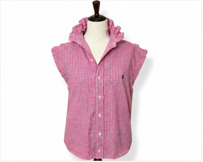 Upcycled Ralph Lauren Pink Gingham Ruffle Collar Top | Preppy Sleeveless Button Down Shirt | Women’s OOAK Blouse