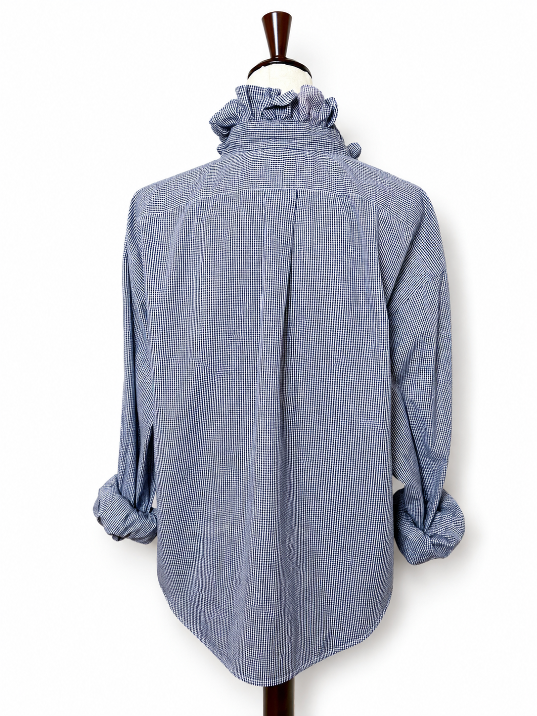 Upcycled Ralph Lauren Blue Gingham Ruffle Collar Shirt | Preppy Women’s Button Down