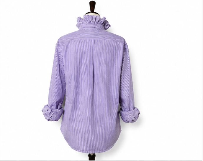 Upcycled Ralph Lauren Purple Stripe Ruffle Collar Button Down Shirt | Preppy Women’s Top