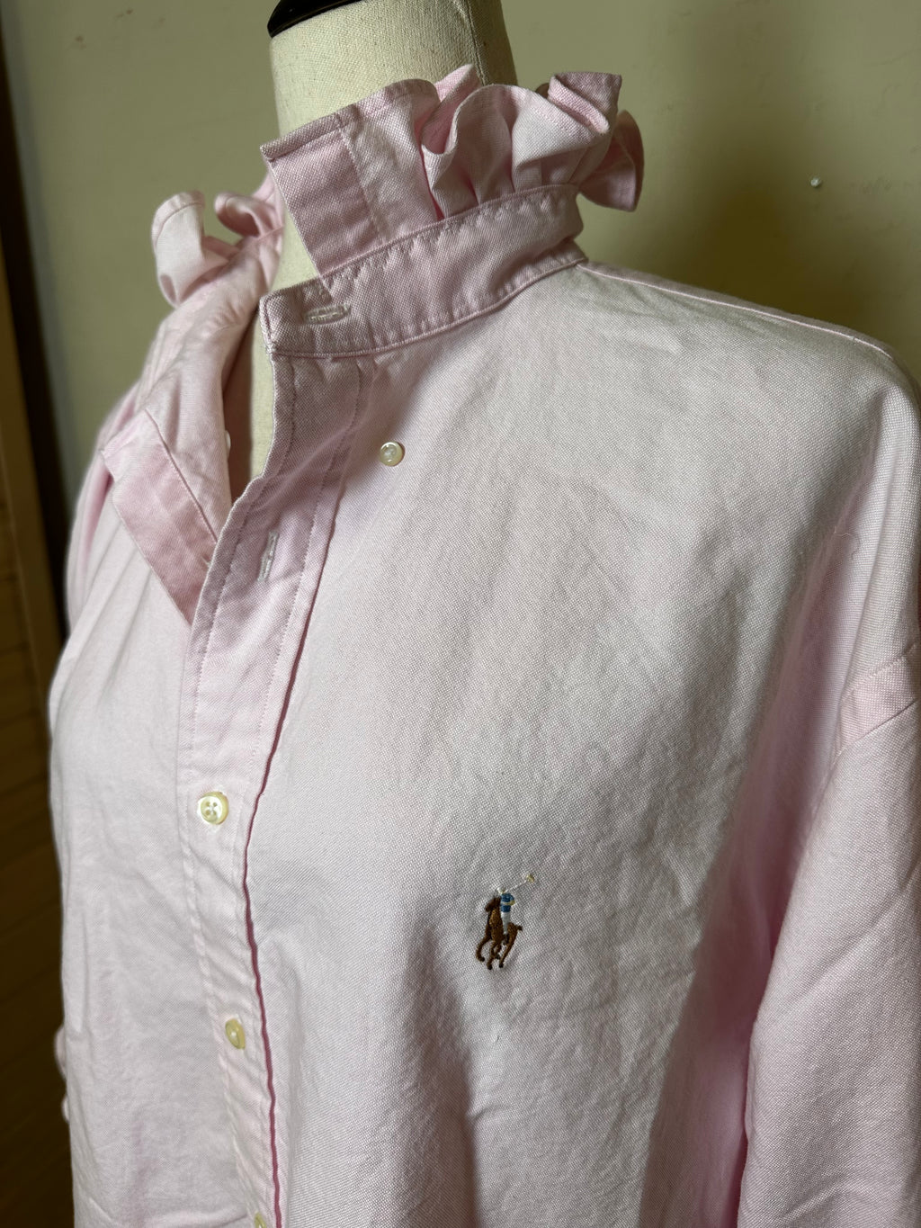 Pink Ralph Lauren Ruffle Collar Shirt | Upcycled Preppy Button Down | Women’s Pink Oxford Top