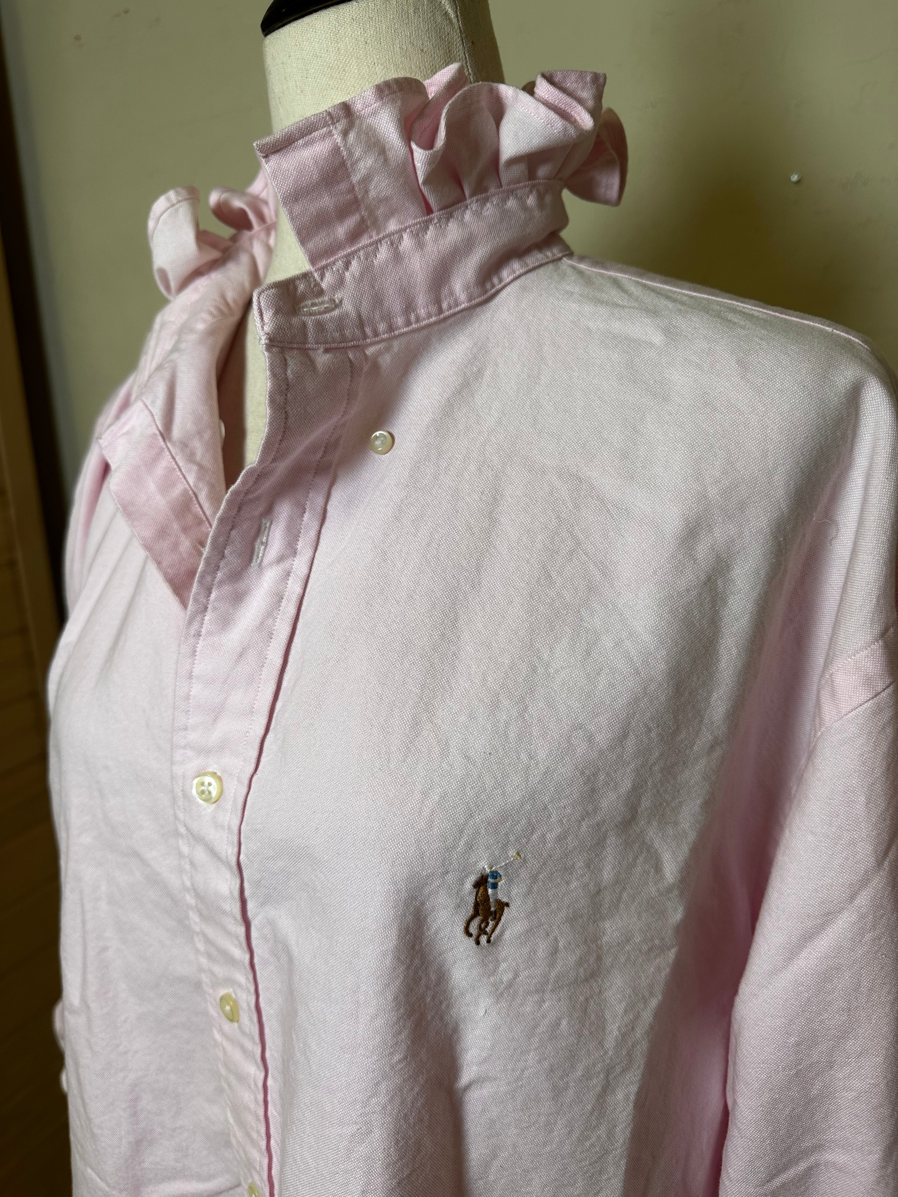 Pink Ralph Lauren Ruffle Collar Shirt | Upcycled Preppy Button Down | Women’s Pink Oxford Top