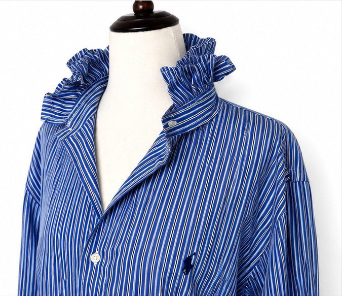 Upcycled Ralph Lauren Blue Stripe Ruffle Collar Shirt | Preppy Button Down | Coastal Grandmother Blouse