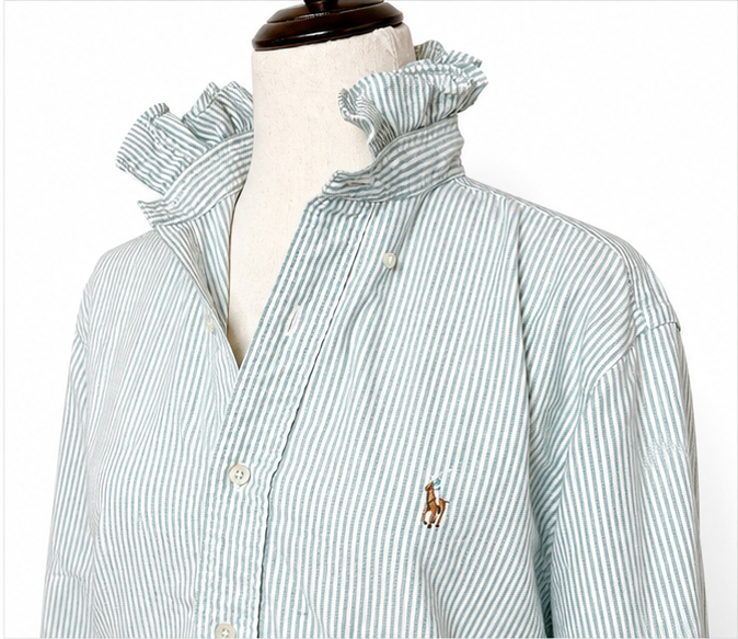 Upcycled Ralph Lauren Green Stripe Ruffle Collar Shirt | Preppy Button Down | Coastal Grandmother Top