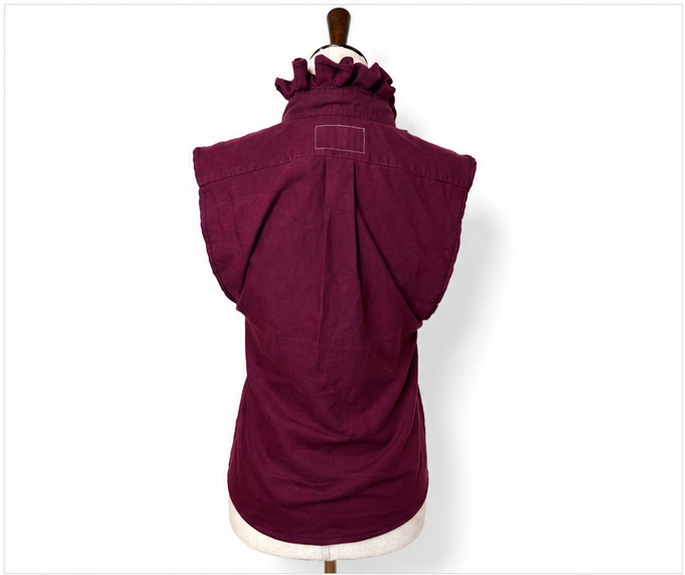 Upcycled Ralph Lauren Burgundy Ruffle Collar Sleeveless Shirt | Preppy Women’s Button Down Top | Wine Maroon Blouse