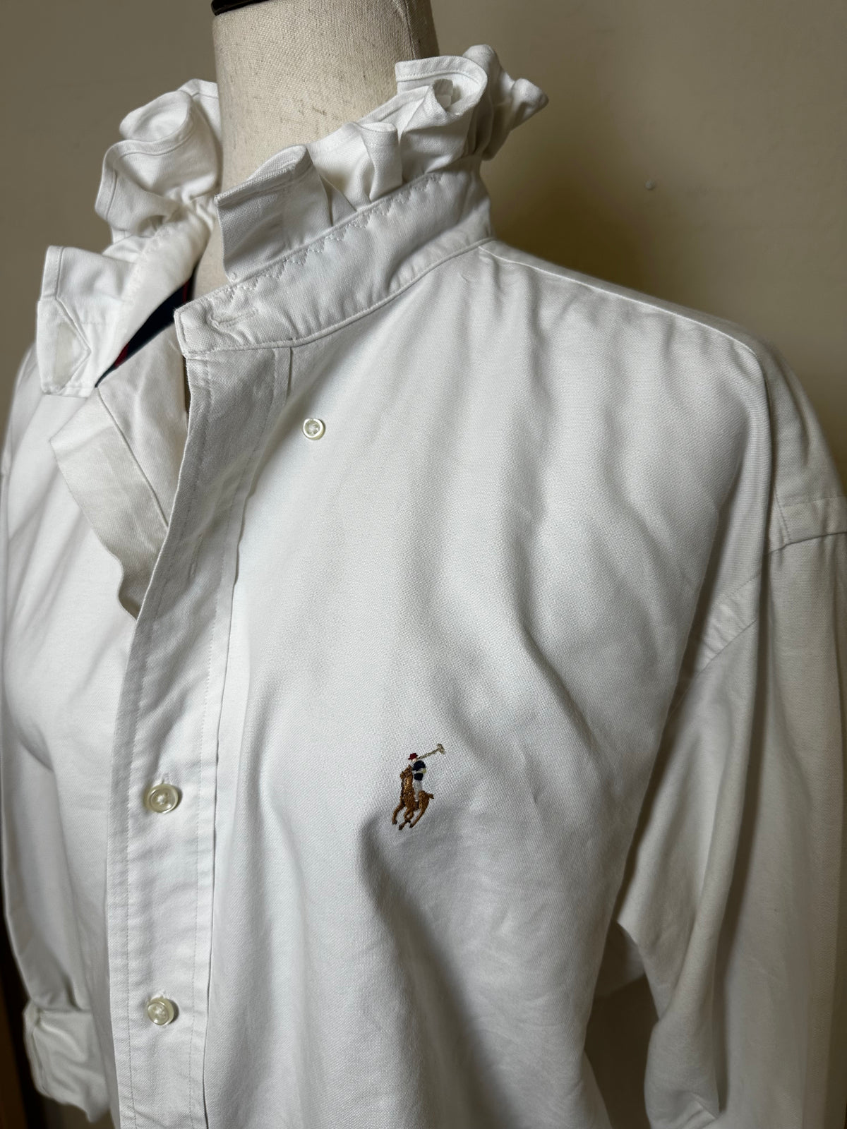 Upcycled Ralph Lauren White Ruffle Collar Shirt | Preppy Women’s Button Down