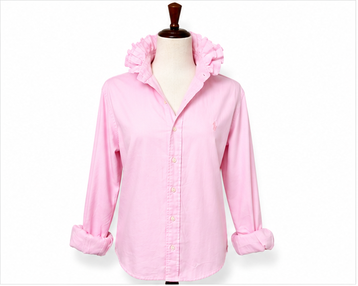 Upcycled Ralph Lauren Pink Ruffle Collar Button Down Shirt | Preppy Pink Oxford Top | One of a Kind Women’s Blouse