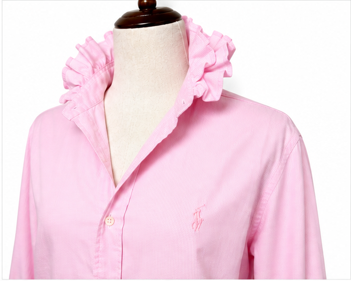 Upcycled Ralph Lauren Pink Ruffle Collar Button Down Shirt | Preppy Pink Oxford Top | One of a Kind Women’s Blouse