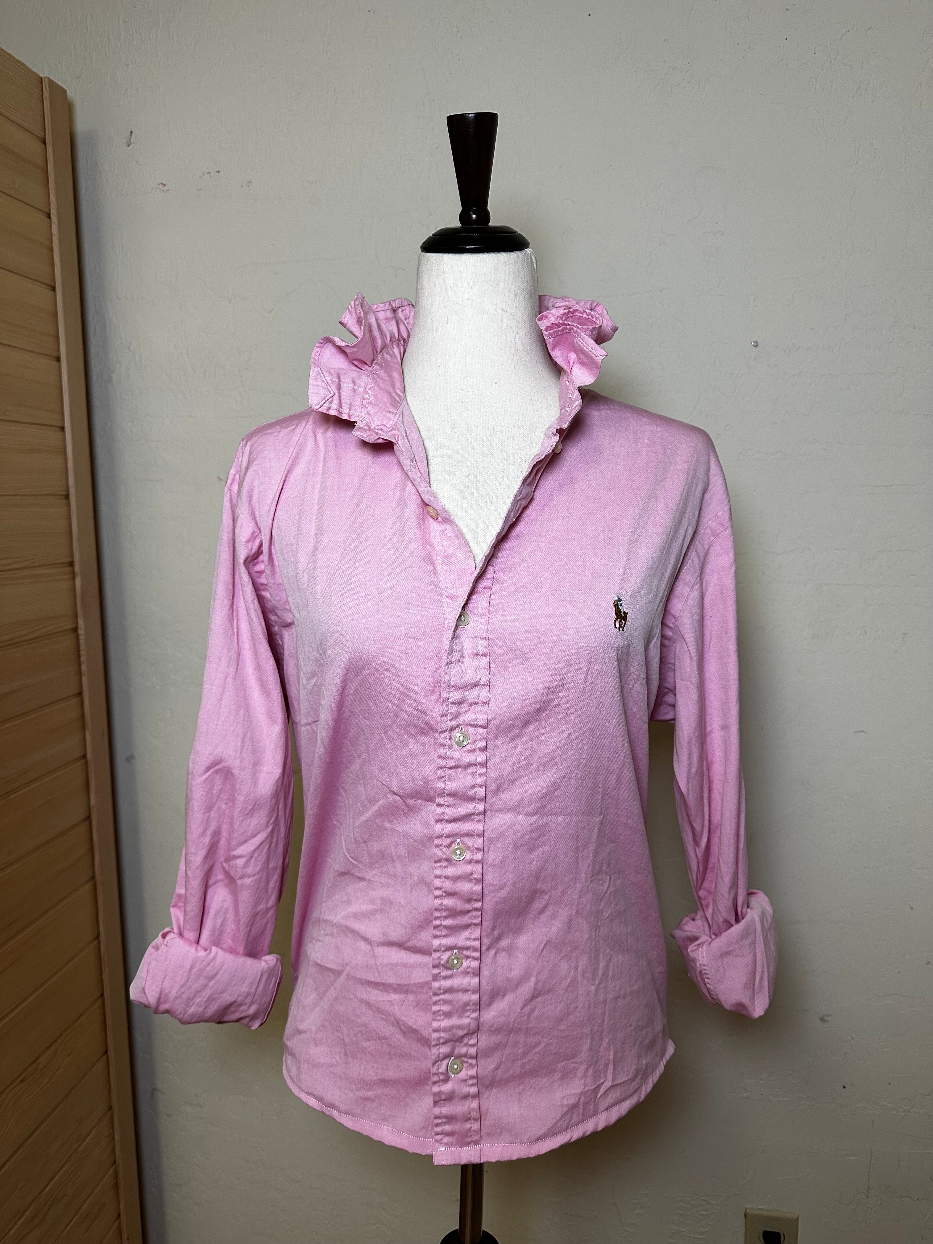 Pink Ruffle Collar Ralph Lauren Shirt | Upcycled Preppy Button Down | Women’s Pink Oxford Top