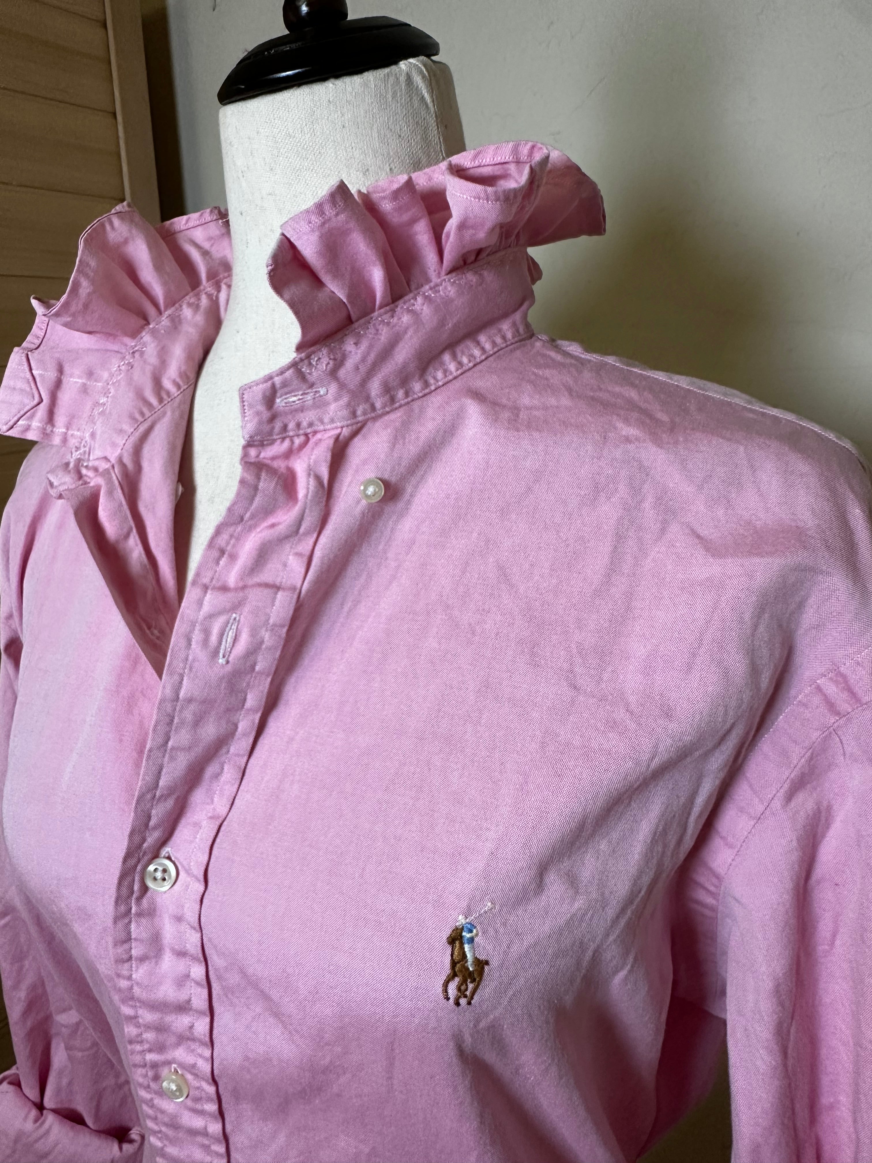 Pink Ruffle Collar Ralph Lauren Shirt | Upcycled Preppy Button Down | Women’s Pink Oxford Top